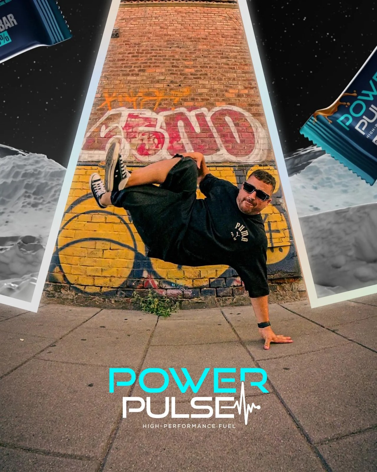 A breaker mid freeze on a PowerPulse floor graphic at a Maltese street sports event